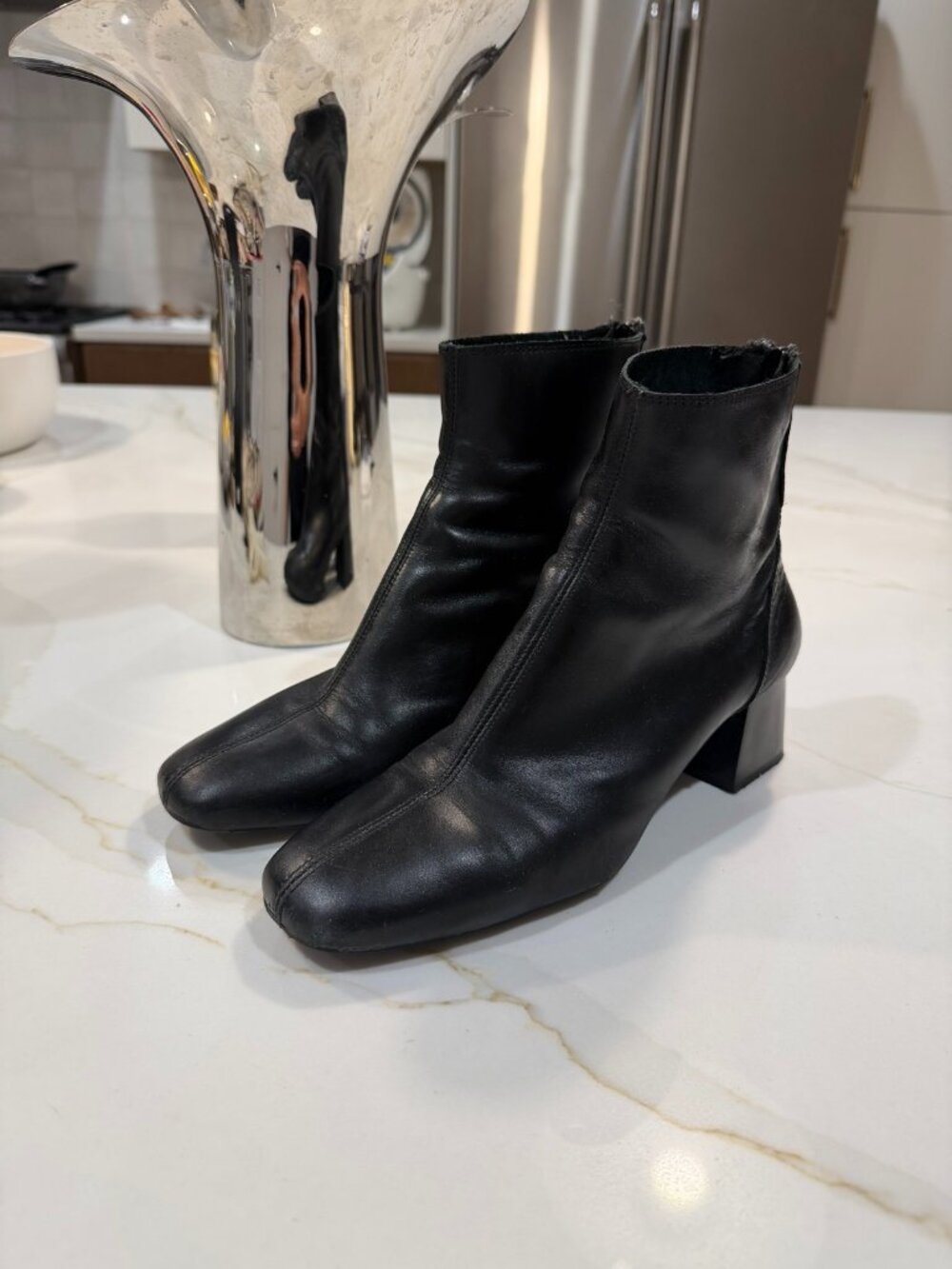Mango Black Leather Block Heel Ankle Boots – Back Zip, EU 38 / US 7
